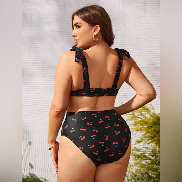 SHEIN Swim Mod Plus Cherry Print Knot Shoulder Bikini Swimsuit - Picture 3 of 4